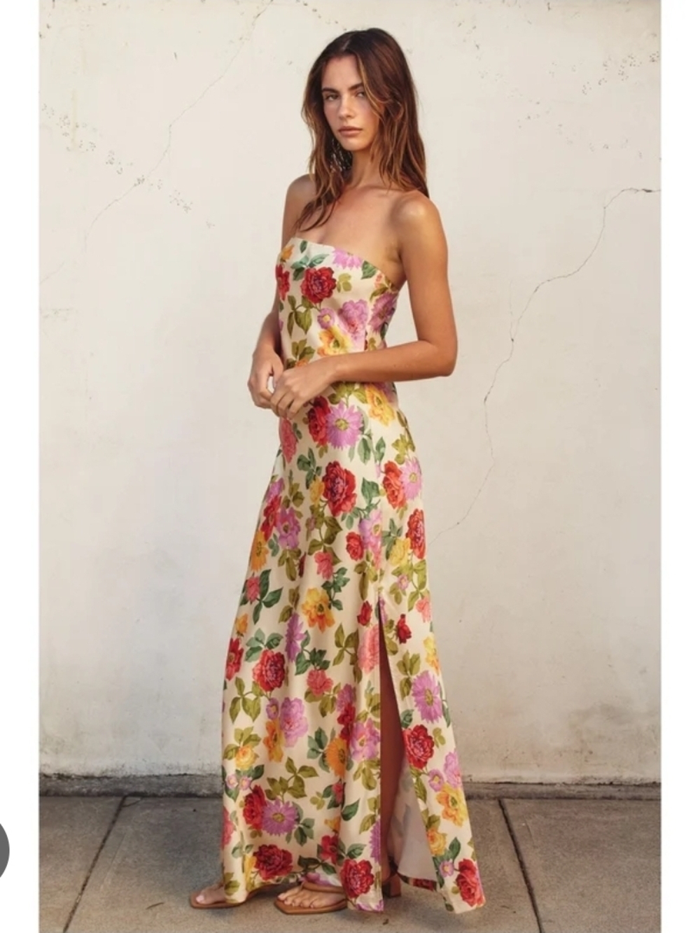 Dress Forum Strapless Floral Maxi Dress in Cream with Pink & Red Blooms